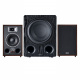 Magnat Transpuls 800 & Alpha RS12, 2.1 aktivt högtalarpaket Högtalarpaket med två små högtalare och en subwoofer i träfinish.