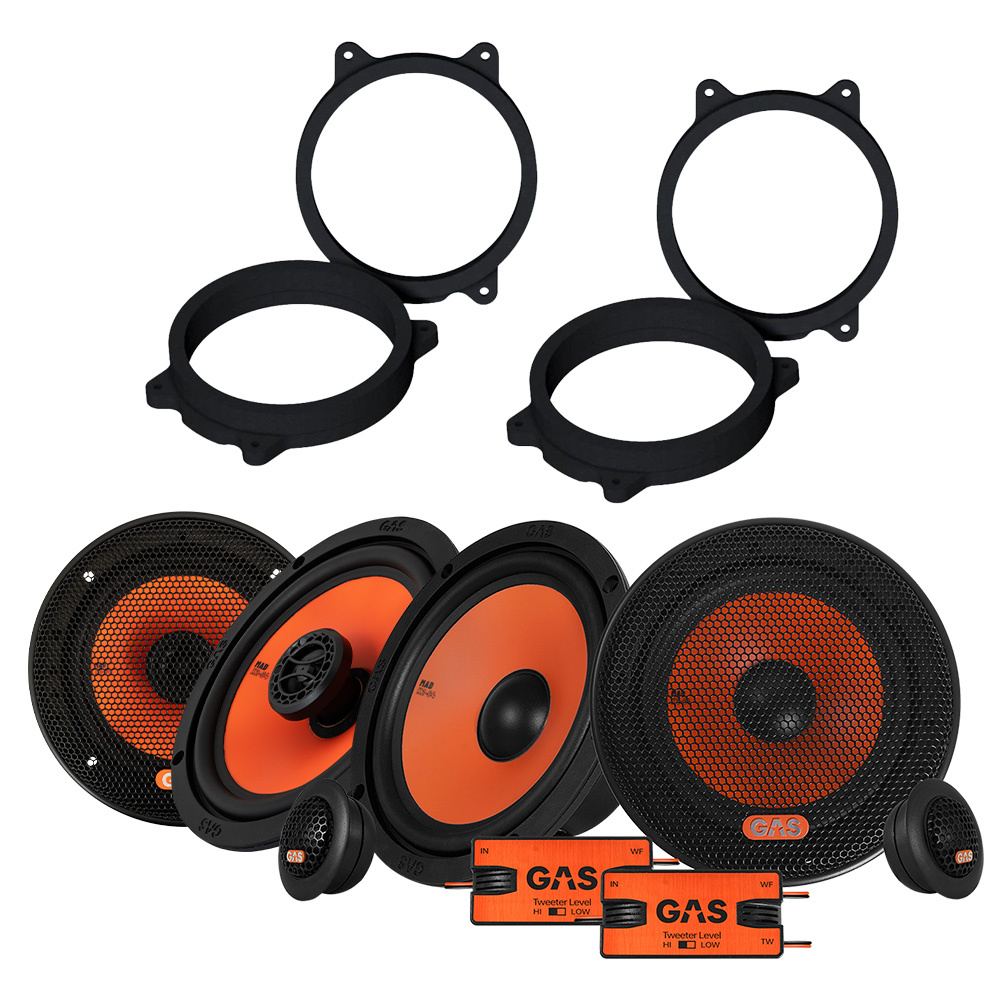 Högtalarpaket med två stora och två små högtalare samt installationsringar.