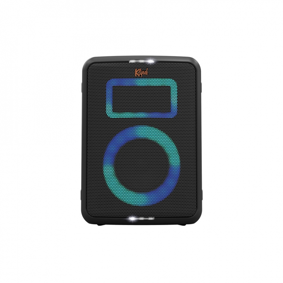 En svart partyhögtalare med färgglad belysning och Bluetooth-funktion.