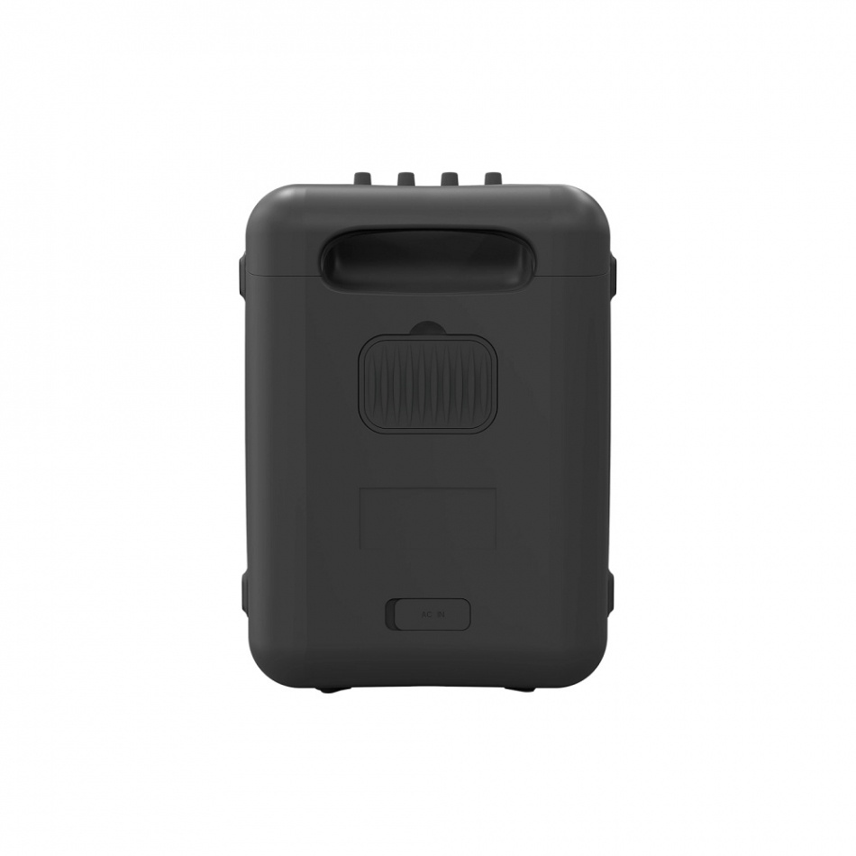 Svart ljudlåda med handtag och knappar för inställningar.