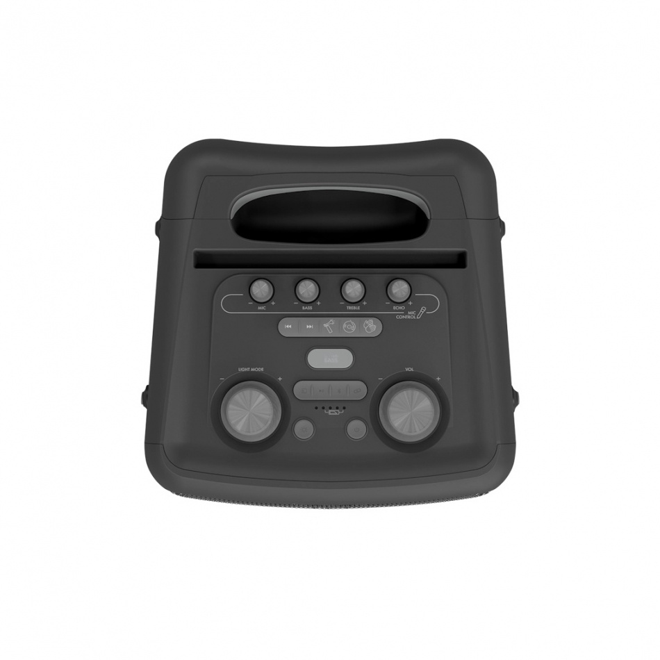 Svart högtalare med kontroller för ljud och Bluetooth-funktioner.