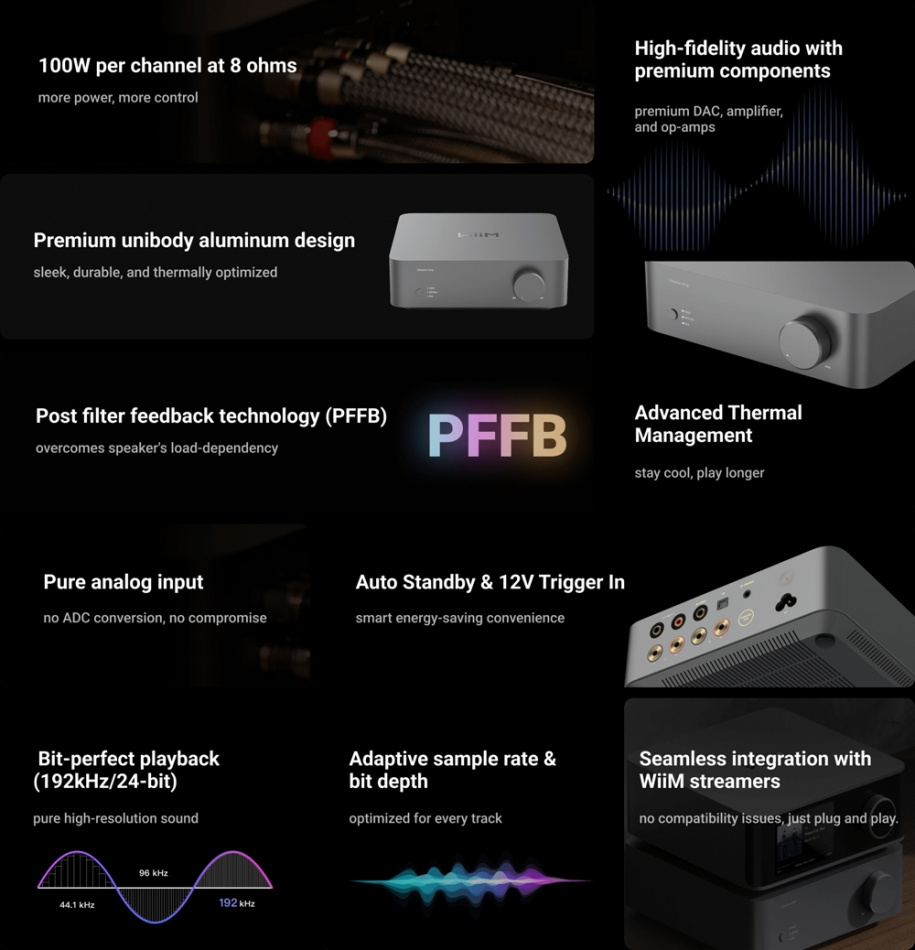 Stereopaket med förstärkare och högtalare, hög ljudkvalitet och modern design.