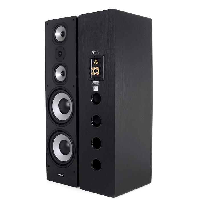 Ett högtalarsystem med svart finish och flera element för stereo.