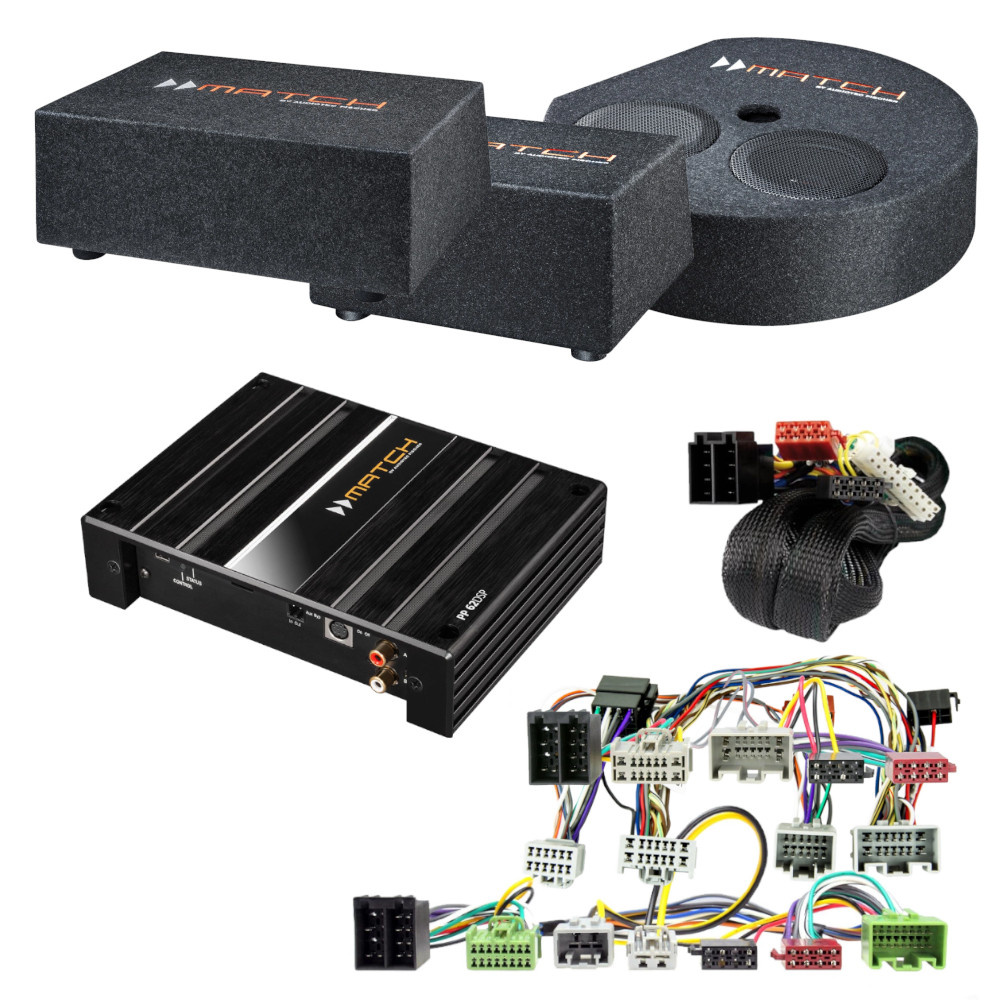Ljudkomponenter för ljuduppgradering till Volvo 2004-2017, inklusive förstärkare och kablar.