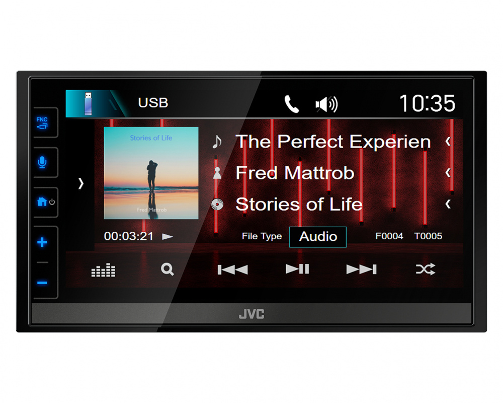 En bilstereo från JVC med touchscreen och musikspår.