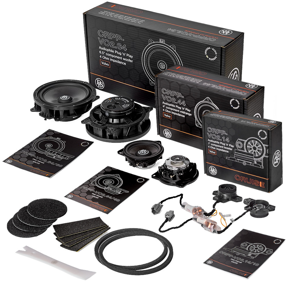 Framsystem för Volvo 2014> med Harman/Kardon eller Bowers & Wilkins, inklusive högtalare och tillbehör.