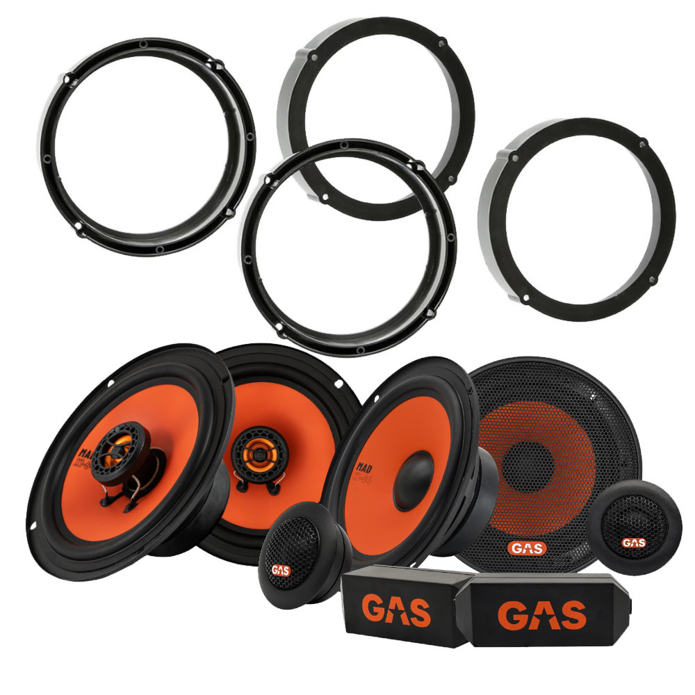 Ett högtalarpaket med ringar och två typer av högtalare i svart och orange.