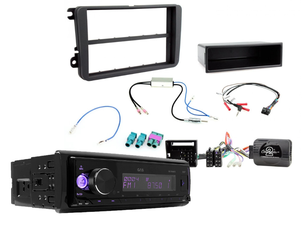 Installationskit för Volkswagen 1-DIN med GAS MAX M140-BTX och kablar.