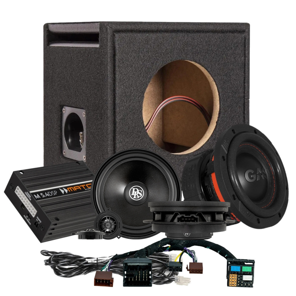 Ljudsystem för VW T6.1 med högtalare, subwoofer och förstärkare.