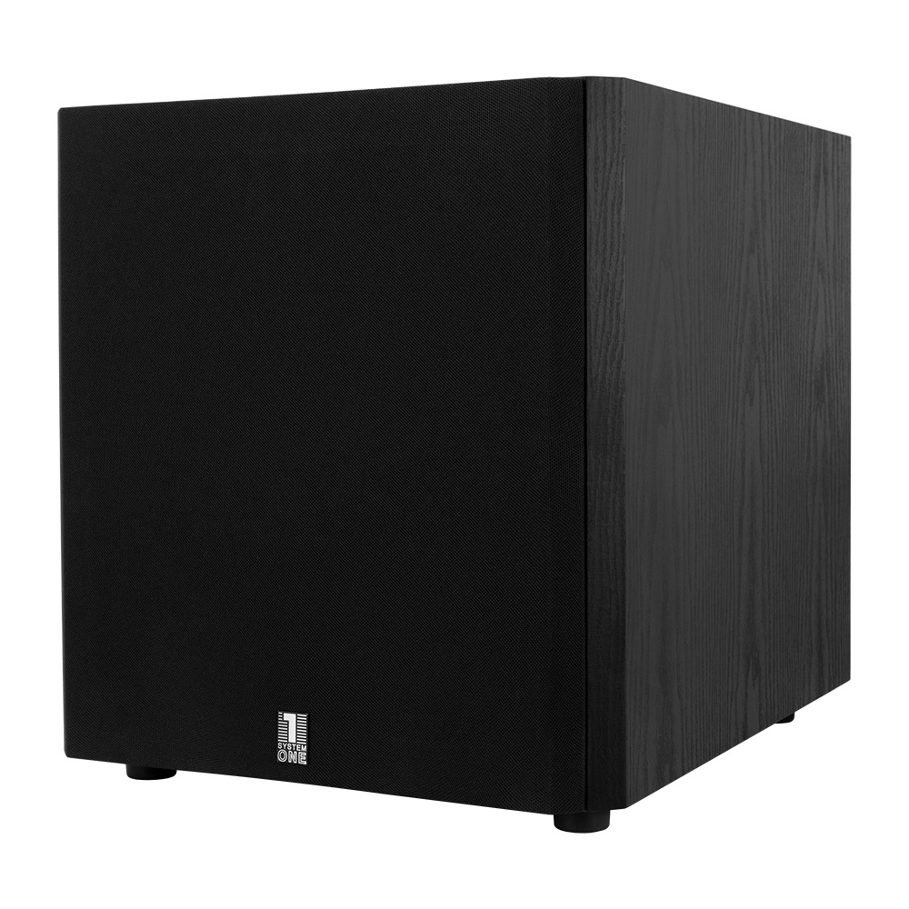 En svart aktiv subwoofer med enkel design och enhetlig yta.