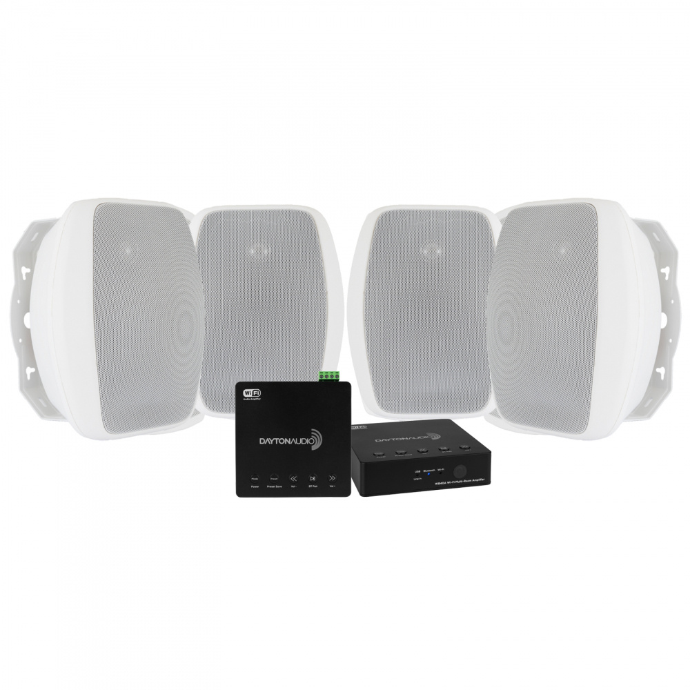 Produkten inkluderar två par utomhushögtalare och en ljudförstärkare.