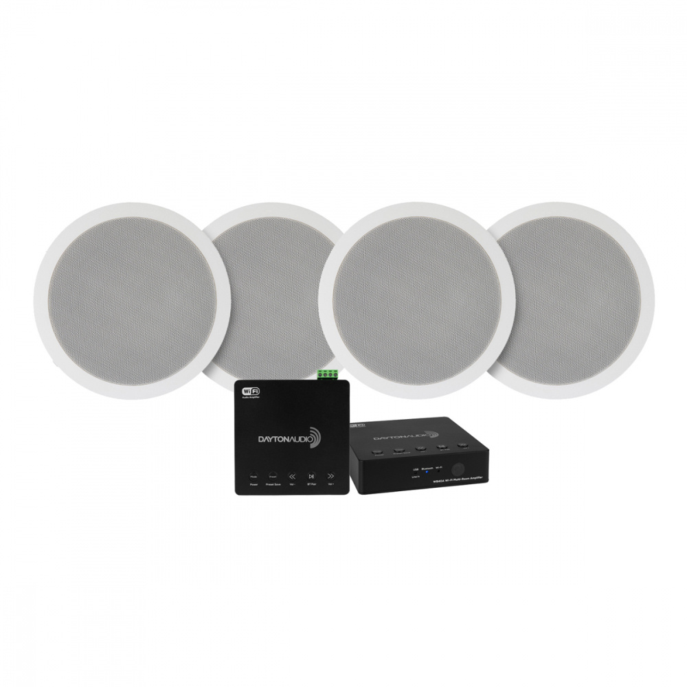 Högtalarsystem med fyra inbyggnads-högtalare och en förstärkare.