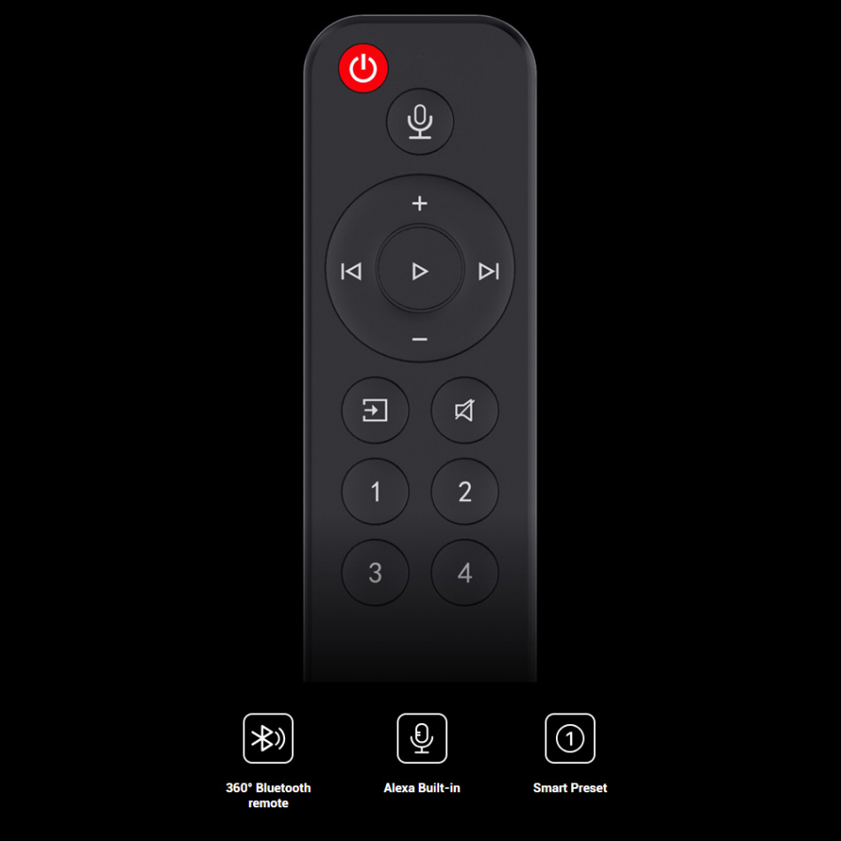 Fjärrkontroll med knappar för ljudkontroll och Alexa-funktioner.
