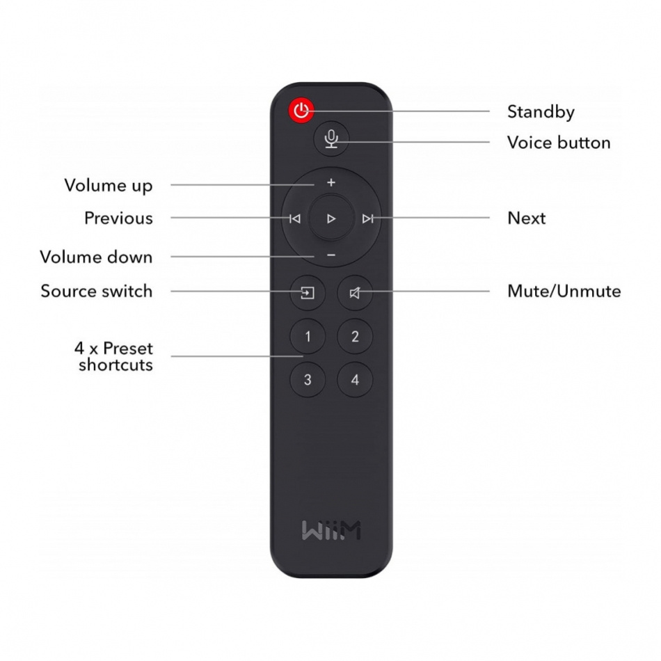 WiiM Pro med WiiM Voice Remote fjärrkontroll