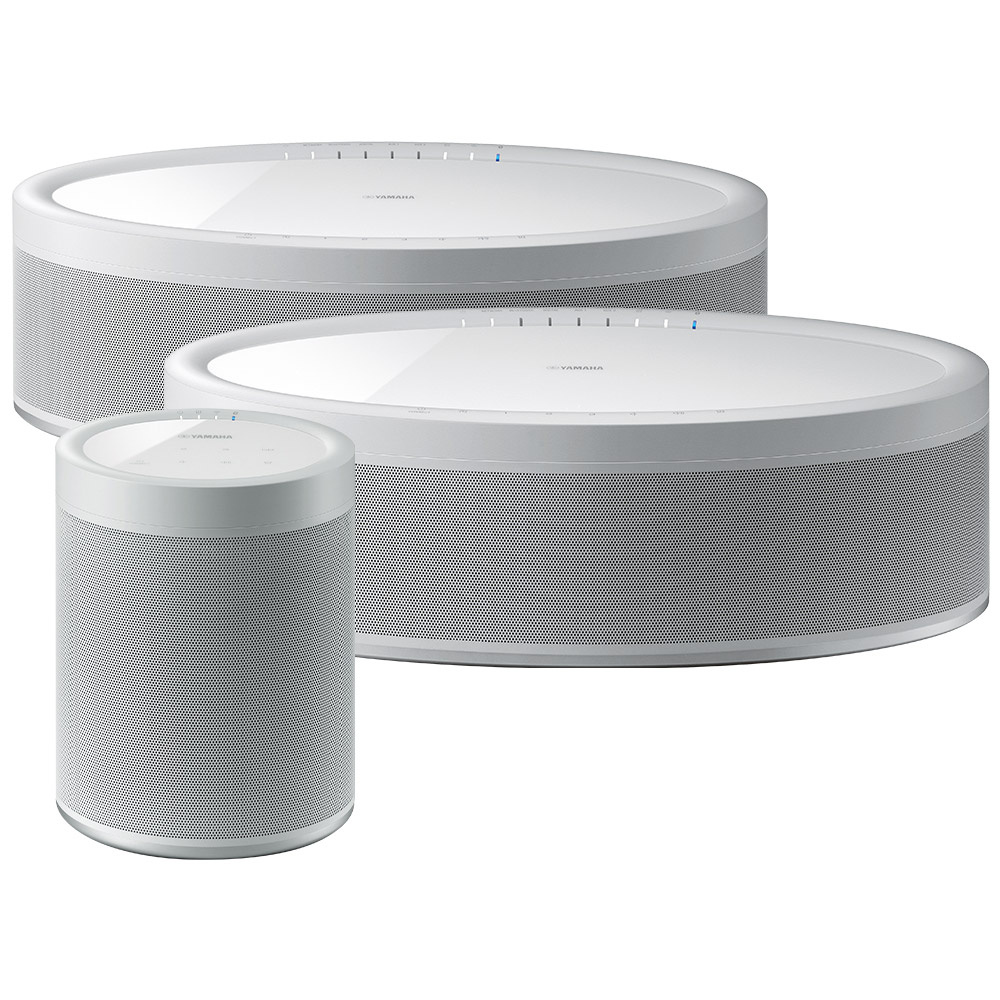 Högtalarsystem i vitt, inkluderar 2-pack MusicCast 50 och MusicCast 20.