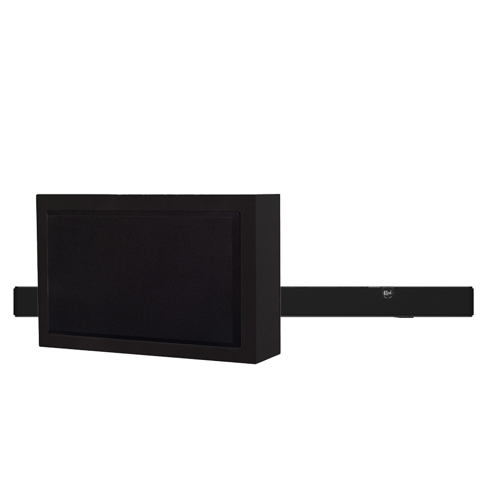 Soundbar och subwoofer i svart design för ljudsystem.