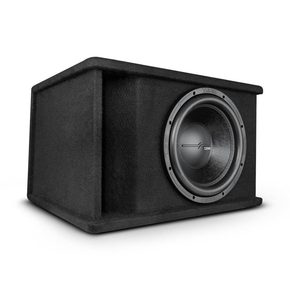 Svart högtalarlåda med subwoofer, designad för bil audio.