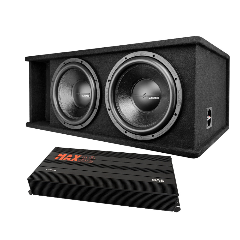 Baslåda med två subwoofers och en effektförstärkare.