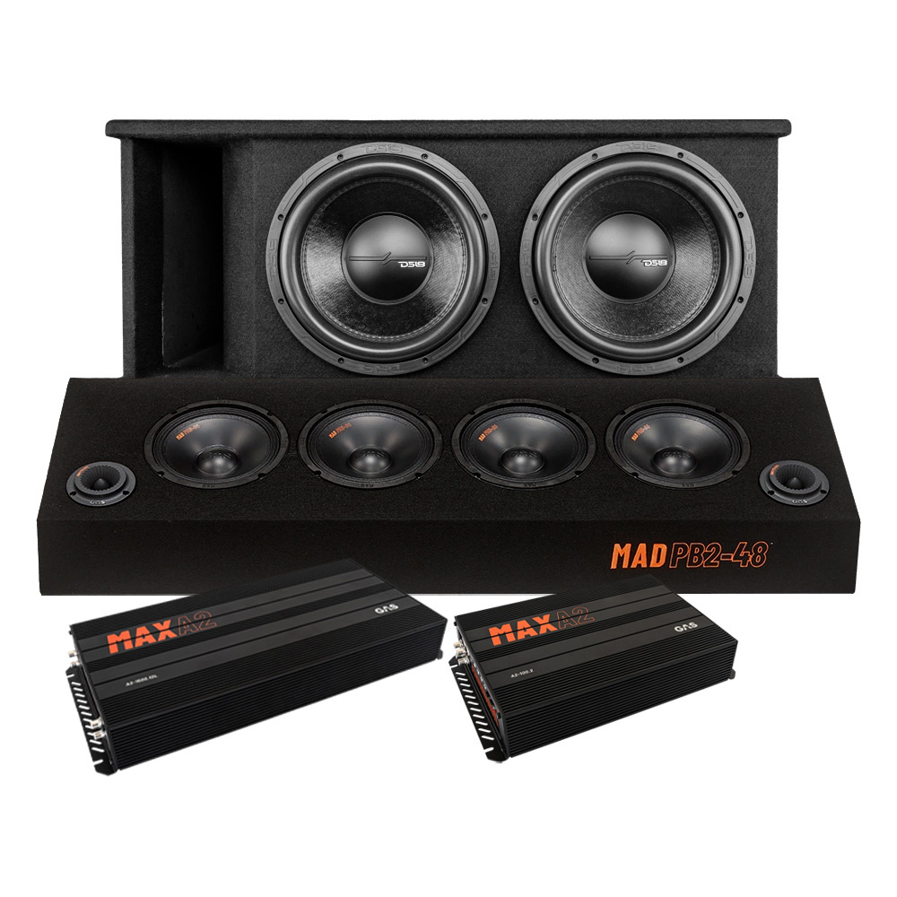 Högtalare med två stora bashögtalare och flera mellanregisterhögtalare i en låda.