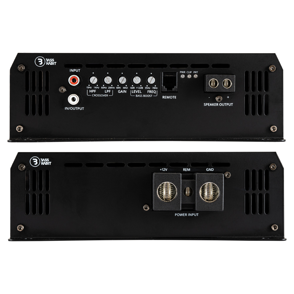 Förstärkare med ingångar, utgångar och justeringskontroller för ljudsystem.