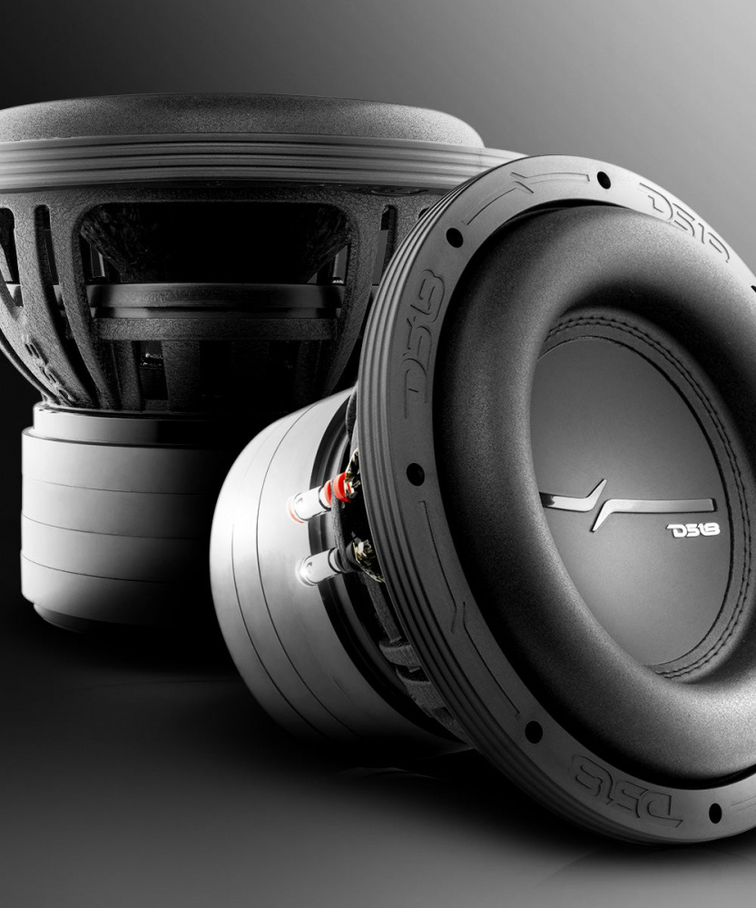 Två 10 tum långslagiga baselement med svart design och detaljer.