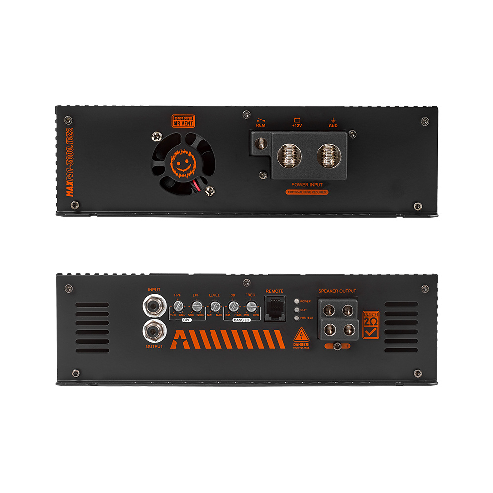 Förstärkare med anslutningar för bas- och högtalarutgångar.