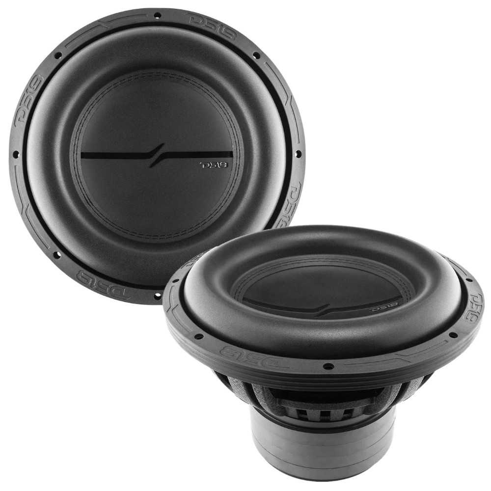 Två 12-tums långslagiga baselement för ljudsystem.