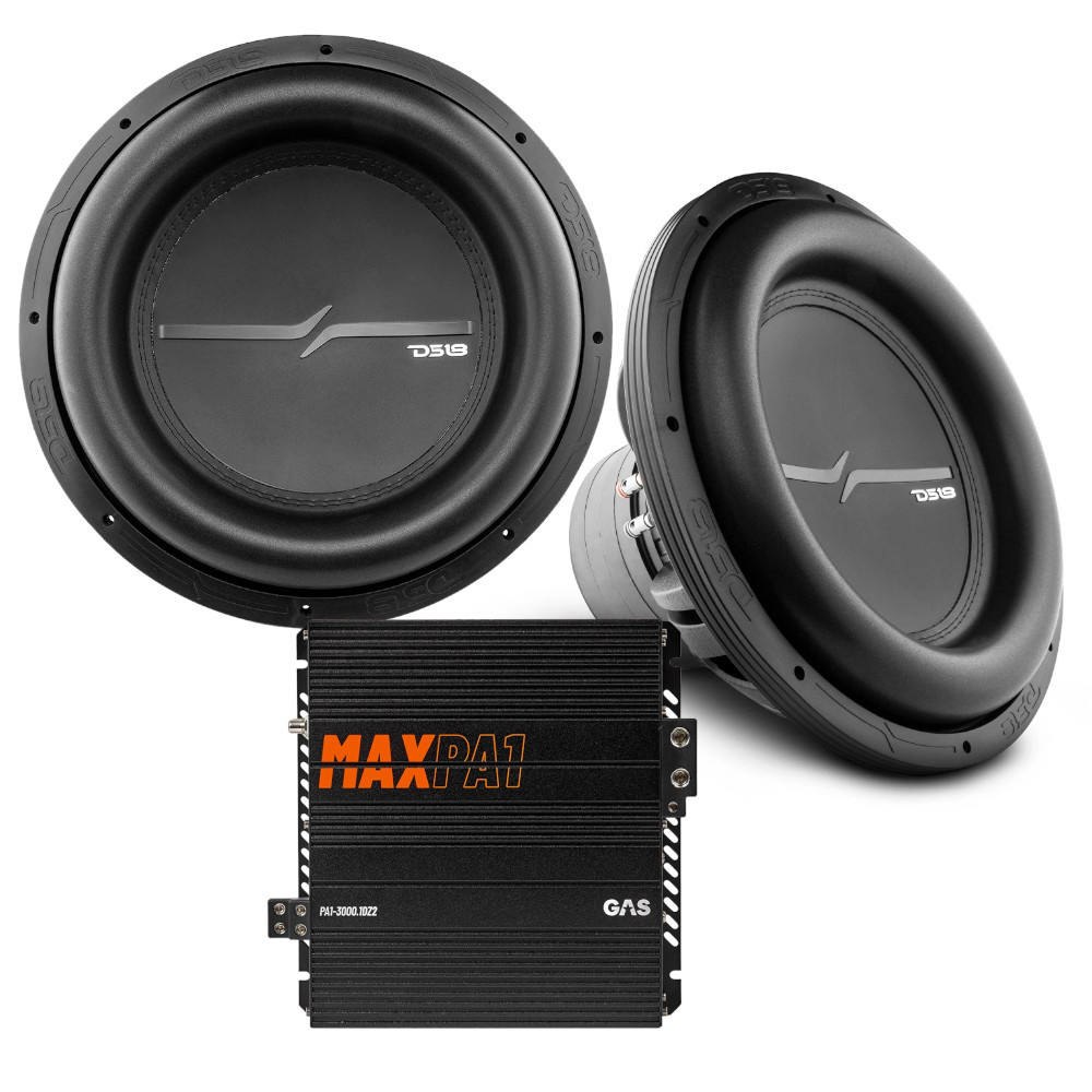 Ett baspaket med subwoofers och förstärkare för ljudsystem.