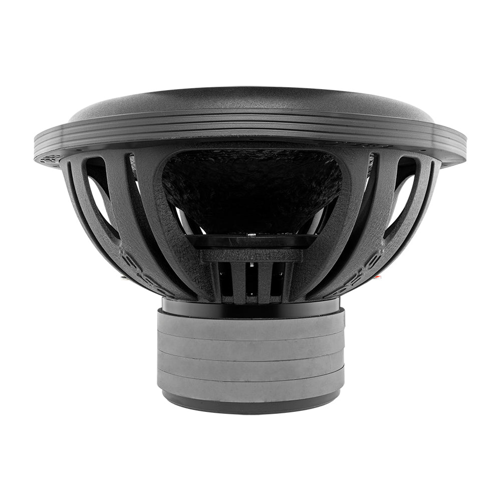 Visar en subwoofer med en robust ram och gummiupphängning.