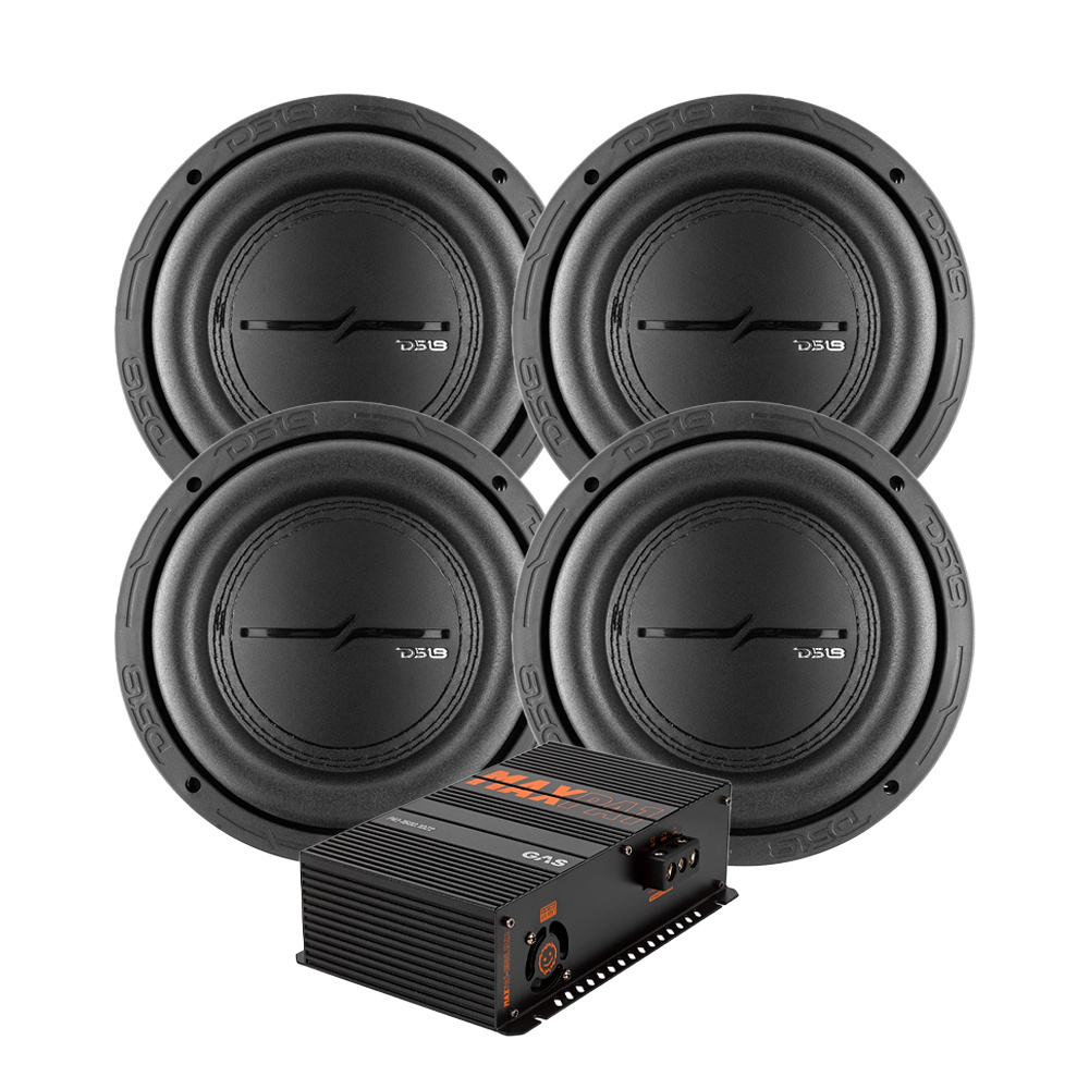 Baskit med fyra subwoofers och en förstärkare.